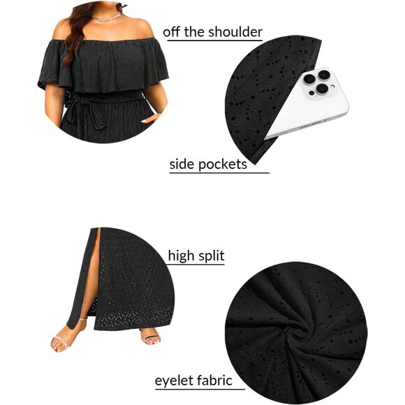 Women Plus Size Summer Dress Off Shoulder Eyelet Maxi with Pockets - Picture 6 of 6